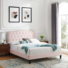 Modway Amber Performance Velvet Queen Platform Bed with Black Wood Legs - Pink-Stain-Resistant Performance Velvet