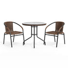 Flash Furniture 28" Round Glass Metal Table with Dark Brown Rattan Edging & 2 Dark Brown Rattan Stack Chairs-Top Size: 28" Round