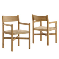 Modway Alvia Oak Wood Dining Armchairs With Woven Seats - Weathered Oak - 2 Pack-Solid Oak Wood Dining Chairs