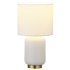 Hudson&Canal Lambert 15" Tall Ceramic Table Lamp with Fabric Shade - Matte White/Brass/White-Paired with a chiffon white drum fabric shade