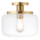 Hudson&Canal Tatum 11" Wide Semi Flush Mount with Glass Shade - Brushed Brass/Clear-Paired with a white drum-shaped globe glass shade