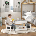 Qaba 3 Piece Kids Table & Chair Set with Reversible Tabletop- Grey-Tabletop flips for reading or drawing on a blackboard side
