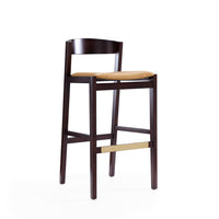 Manhattan Comfort Klismos 20" Mid-Century Modern Faux Leather Upholstered Bar Stool - Camel and Dark Walnut-Mid-Century Modern Barstool with Backseat Perfect for Bar and Kitchen Use