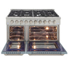 Kucht 48" KNG Series Pro Style Propane Gas Range - Stainless Steel/Light Blue-Matching the power of professional kitchens, this top-of-the-line model boasts two separate ovens: a 30-inch convection oven delivering 22,000 BTU with a 10,000 BTU tube burner, and an 18-inch oven providing 15,000 BTU