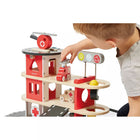 Janod Fire Station Toy Set-Vehicles include 2 cars, an ambulance, and a fire truck with a removable ladder.