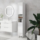 Kleankin Bathroom Storage Cabinet with Toilet Paper Holder - High Gloss White-Geometric lines pattern on the door panels bring modern charming