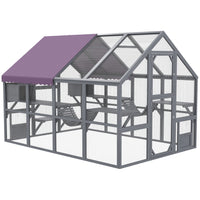 PawHut 74" H Outdoor Catio Cat Enclosure with Weatherproof Canopy and Bridges - Grey-Suspension bridges, condos and platforms satisfy climbing instincts 
