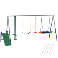 Qaba 5-in-1 Kids Swing Set with Slide, Saucer Swing, Belt Swing, Glider and Standing Swing - Multicolour-Features five play stations for seven kids, great for turning your backyard into a playground 