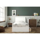 Nexera Axel 4-Drawer Dresser Chest - White & Walnut-Designed and made in Canada with CARB II/FSC Certified particle board and MDF materials.  Ships in 24-48H from order date. Assembly required