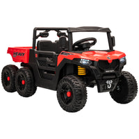 Qaba 24V 4WD Kids Ride On Truck with 6 Wheels, 2 Seater and Dump Bed - Red-Powerful 24V 4WD with 7AH battery drives 2.5–3.7 mph (4-6km/h) for backyard fun 