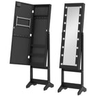 HOMCOM Mirror Jewelry Cabinet with LED Lights - 14.25" L x 11.75" W x 53.5" H - Black-Solid MDF construction in white finish, black lining for protecting jewelries from scratch 