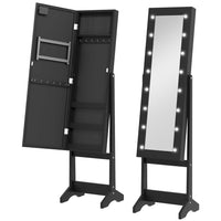 HOMCOM Mirror Jewelry Cabinet with LED Lights - 14.25" L x 11.75" W x 53.5" H - Black-Solid MDF construction in white finish, black lining for protecting jewelries from scratch 
