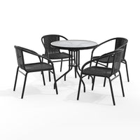 Flash Furniture 28" Round Glass Metal Table with Black Rattan Edging & 4 Black Rattan Stack Chairs-Table and Chair Set