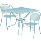 35.5'' Square Sky Blue Indoor-Outdoor Steel Patio Table Set with 2 Round Back Chairs [CO-35SQ-03CHR2-SKY-GG]-Set Includes Table and 2 Chairs