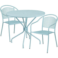 35.25'' Round Sky Blue Indoor-Outdoor Steel Patio Table Set with 2 Round Back Chairs [CO-35RD-03CHR2-SKY-GG]-Set Includes Table and 2 Chairs