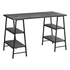 Monarch Specialties 7526 48" Computer Desk - Grey Stone-Look/Black Metal-Industrial-style computer desk with 4 fixed, open shelves supported by sawhorse-style legs in a black metal finish