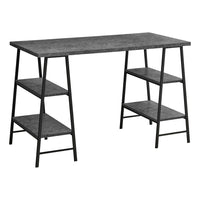 Monarch Specialties 7526 48" Computer Desk - Grey Stone-Look/Black Metal-Industrial-style computer desk with 4 fixed, open shelves supported by sawhorse-style legs in a black metal finish