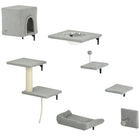 PawHut 7-Piece Cat Wall Shelf Furniture Set - Grey-Wall and ceiling-mounted design saves space and enhances play areas 