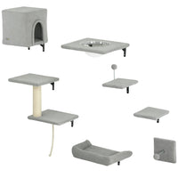 PawHut 7-Piece Cat Wall Shelf Furniture Set - Grey-Wall and ceiling-mounted design saves space and enhances play areas 