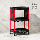 HOMCOM 3-Tier Rolling Tool Cart with Wheels - Black/Red-Four wheels, two with brakes, ensure easy mobility
