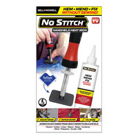 As Seen on TV No Stitch Secure Stitch Sewing Kit-Electric-powered heating wand measures 8” long and has On/Off switch and indicator light. Heating element /pressing piece made from lightweight No-stick Teflon