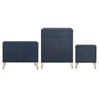 Manhattan Comfort DUMBO Modern Nightstand, Dresser Set and 5-Drawer Tall Dresser Set - Midnight Blue-Modern-Contemporary with a taste of Glam Bedroom Dresser Set. Includes 1 Standard Dresser, 1 Tall Dresser, and 1 Nightstand 2.0.