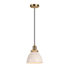 Hudson&Canal Madison 8" Wide Pendant with Metal Shade - Pearled White/Brass/Pearled White-Paired with a pearled white dome metal shade