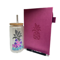 Wamaco Pineapple Mindful Collection Set - Hard Cover Grey Journal, Be Happy Glass with Lid and Straw, Pen-Convenient – This Mindful Collection has an abundant of lined pages for your thoughts, goals and lists.