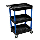 Luxor Polyethylene 3-Shelf Tub Cart - 24" x 18" - Black/Blue-Multipurpose utility cart