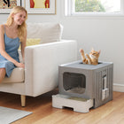 PawHut Foldable Cat Litter Box with Drawer Tray, Lid and Scoop - Grey-High-sided design with seamless edges prevents litter and urine splashes 