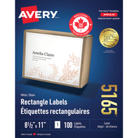 Avery White Rectangle Labels with TrueBlock, 8-1/2" x 11", for Laser/Inkjet Printer, 100 Pack (5165)-11" x 8-1/2", White