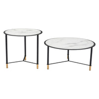 Zuo Davis Coffee Table - White/Black - Set of 2-Faux Marble Tempered Glass, Painted Steel round shape tabletop