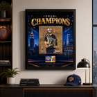 Frameworth New York Knicks 2026 Champions: Jalen Brunson Trophies PhotoGlass Framed Photo - 18" W x 22" H - Gold-Photoglass graphics with licensed photo: An officially licensed 8x10 photograph is separately mounted and the surrounding artwork is printed in ultra high definition directly onto glass for vivid colour, deep blacks, and luminous depth