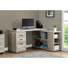 Monarch Specialties 7422 Computer Desk - Taupe Reclaimed Wood L/R Facing Corner-Open and closed storage options include 2 open shelves with 1 adjustable shelf panel, 3 cubbies with 2 adjustable shelf panels at the front, and 2 storage drawers with metal drawer glides plus 1 file drawer with hanging bars, all accented with silver handles.