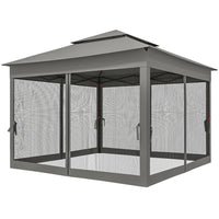 Outsunny 11 ft W x 11 ft L Pop Up Canopy 2-Tier Soft Top Gazebo with Mesh Netting - Dark Grey-PA coated canopy with 8 drainage eye holes