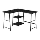 Monarch Specialties 7594 48" Computer Desk - Black Marble/Black Metal Corner-Industrial-style computer desk with 2 fixed, open shelves supported by sawhorse-style legs in metal