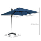 Outsunny 8' L x 8' W Square Patio Hanging Offset Umbrella with 360° Rotation - Dark Blue-Aluminum pole and eight steel ribs with powder coating support a UV resistant 200g polyester cloth canopy for years of beautiful use  