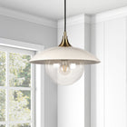 Hudson&Canal Alvia 14.5" Wide Pendant with Metal/Glass Shade - Pearled White/Brass/Clear-Handcrafted pearled white and brass finish is applied to the round metal and glass base