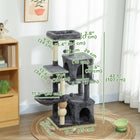 PawHut 42" Multi-Level Cat Tree Tower with 2 Condos and Hammock - Dark Grey-Made with a thick particleboard base, ensuring stability for active cats 