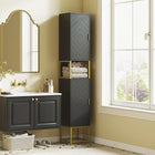 Kleankin 67" Tall Freestanding Bathroom Linen Tower Cabinet - Black-Open compartment and two cabinets provide ample storage options