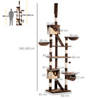 PawHut 94" - 102" Floor-To-Ceiling Huge Cat Tree Tower - Brown-Ladders and hanging toys for added fun 