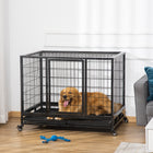 PawHut 43" Heavy Duty Dog Crate with Lockable Wheels and Tray - Black-Front door and top door with latch for easy entry and exit 
