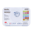 Mont Marte Metallic Watercolour Paint 21-Piece Set in Tin - Metallic-Includes 18 metallic watercolour paints, a medium water brush pen, sponge and palette in a portable tin