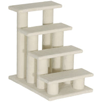PawHut 4-Step Carpeted Pet Stairs with Scratching Post - Cream White-Scratching post cat steps with 4 steps and 8 posts for pets to scratch, climb and play on 