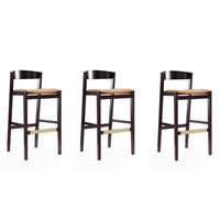 Manhattan Comfort Klismos 20" Mid-Century Modern Faux Leather Upholstered Bar Stool - Camel and Dark Walnut - 3 Pack-Mid-Century Modern Barstool with Backseat Perfect for Bar and Kitchen Use. Set of 3