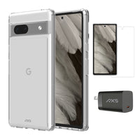 AXS Starter Kit bundle Ultra Clear Case, Screen Protector and 30w Charger for Google Pixel 7a-Drop-tested, scratch resistant phone case with shock absorbing air pockets