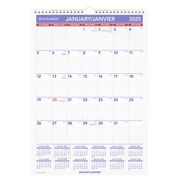AT-A-GLANCE 2025 Monthly Wall Calendar - 17" H x 12" W - Bilingual ...