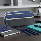 Fashion Stationery Mesh Pocket 3-Compartment Pencil Case - 8.27" L x 2.36" W x 3.54" H - Blue/Grey-3 secure zipped compartments