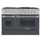 Kucht 48" KNG Series Pro Style Propane Gas Range - Stainless Steel/Cement Grey-Cook and bake like a pro with two separate ovens featuring large oven windows. The main oven is a heavy-duty blue porcelain oven with 4.2-cu-ft of capacity, while the additional side oven has 2.5-cu-ft of capacity