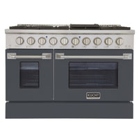 Kucht 48" KNG Series Pro Style Propane Gas Range - Stainless Steel/Cement Grey-Cook and bake like a pro with two separate ovens featuring large oven windows. The main oven is a heavy-duty blue porcelain oven with 4.2-cu-ft of capacity, while the additional side oven has 2.5-cu-ft of capacity
